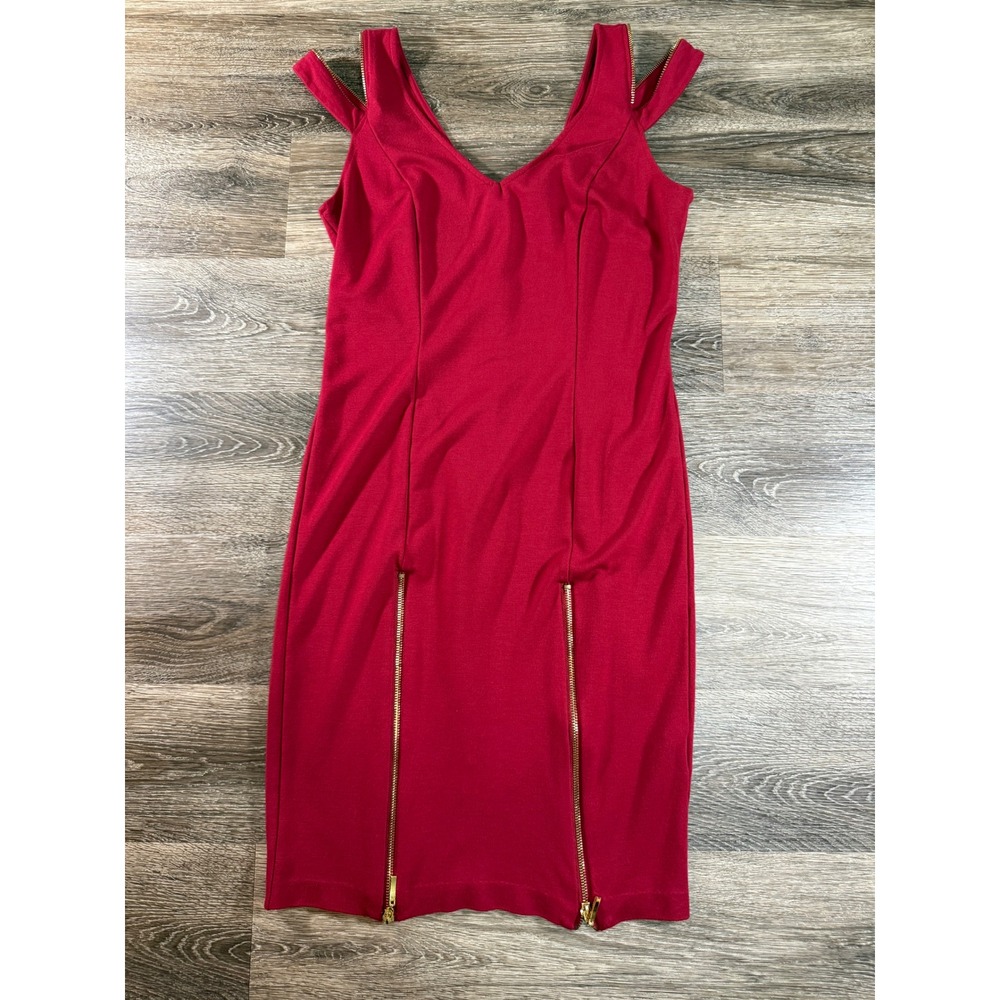 Venus Womens Red Cold Shoulder Zipper Accent Bodycon Dress Medium V-Neck Stretch